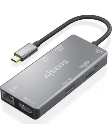 AISENS Docking USB Tipo-C ASUC-9P018-GR- 2xHDMI 4K- 3xUSB- 1xRJ45- 1xLector Tarjetas- 1xUSB Tipo-C PD- Gris