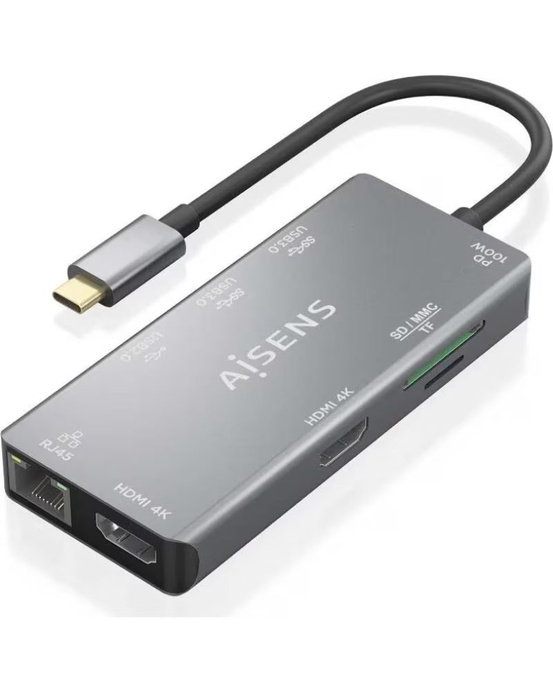 AISENS Docking USB Tipo-C ASUC-9P018-GR- 2xHDMI 4K- 3xUSB- 1xRJ45- 1xLector Tarjetas- 1xUSB Tipo-C PD- Gris