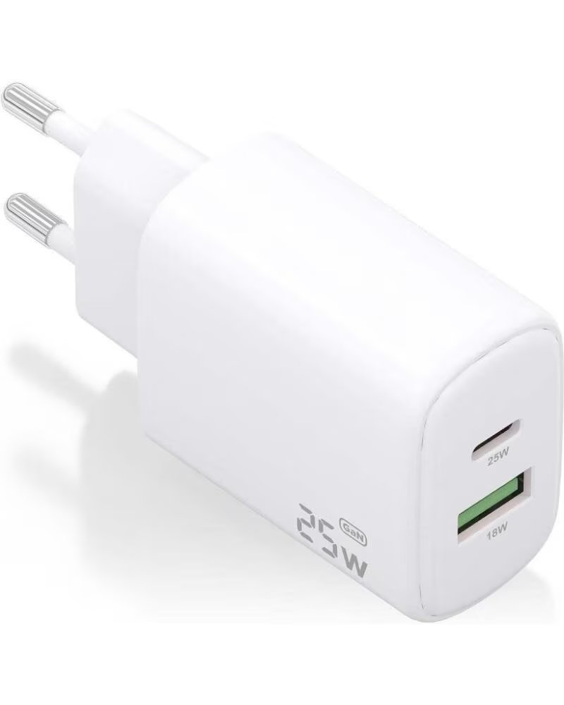 AISENS Cargador de Pared GaN A110-0911- 1xUSB Tipo-C- 1xUSB- 25W- Blanco