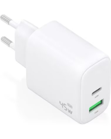 AISENS Cargador de Pared GaN A110-0971- 1xUSB Tipo-C- 1xUSB- 45W- Blanco