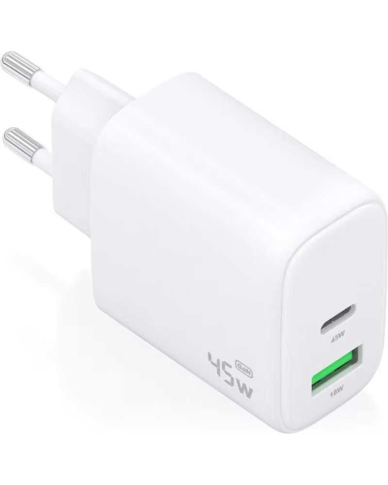 AISENS Cargador de Pared GaN A110-0971- 1xUSB Tipo-C- 1xUSB- 45W- Blanco