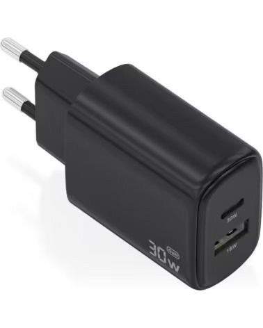AISENS Cargador de Pared GaN A110-0978- 1xUSB Tipo-C- 1xUSB- 30W- Negro
