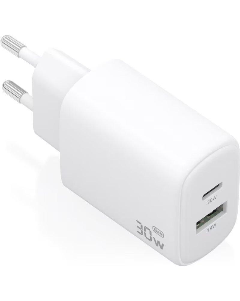 AISENS Cargador de Pared GaN A110-0977- 1xUSB Tipo-C- 1xUSB- 30W- Blanco