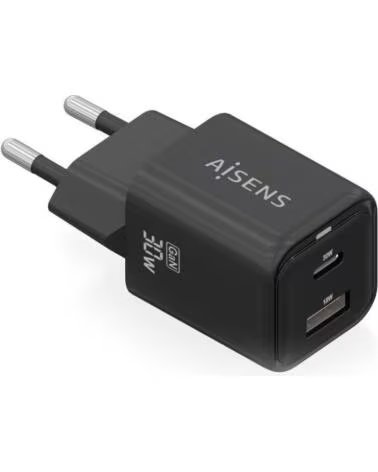 AISENS Cargador de Pared GaN ASCH-30W2P021-BK- 1xUSB Tipo-C- 1xUSB- 30W