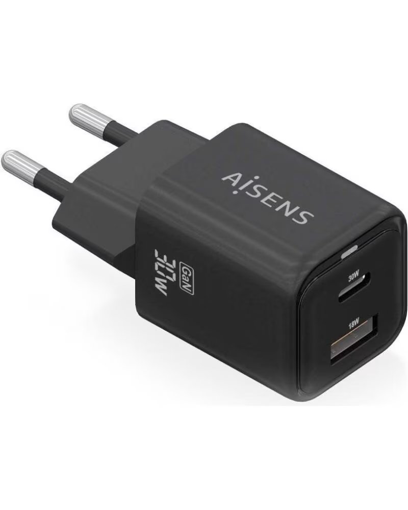 AISENS Cargador de Pared GaN ASCH-30W2P021-BK- 1xUSB Tipo-C- 1xUSB- 30W