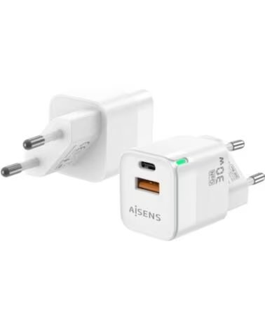 AISENS Cargador de Pared GaN ASCH-30W2P004-W- 1xUSB Tipo-C- 1xUSB- 30W