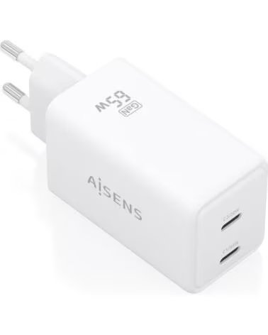 AISENS Cargador de Pared GaN ASCH-65W2P078-W- 2xUSB Tipo-C- 65W- Blanco