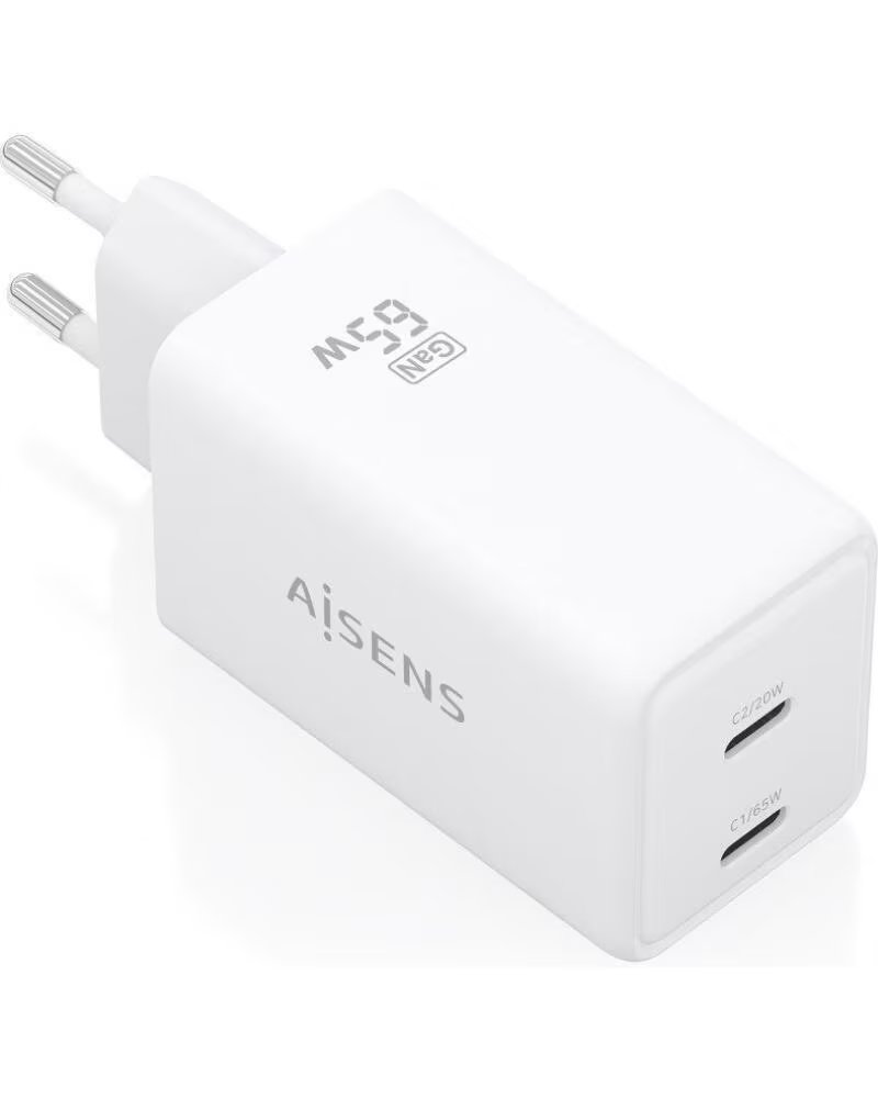 AISENS Cargador de Pared GaN ASCH-65W2P078-W- 2xUSB Tipo-C- 65W- Blanco