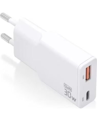 AISENS Cargador de Pared GaN ASCH-30W2P046-W- 1xUSB Tipo-C- 1xUSB- 30W- Blanco