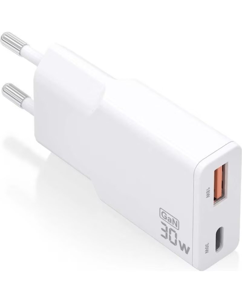AISENS Cargador de Pared GaN ASCH-30W2P046-W- 1xUSB Tipo-C- 1xUSB- 30W- Blanco