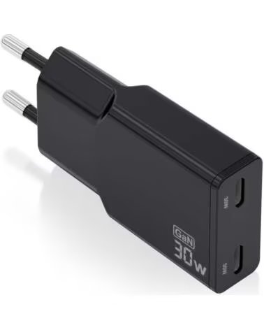 AISENS Cargador de Pared GaN ASCH-30W2P049-BK- 2xUSB Tipo-C- 30W- Negro