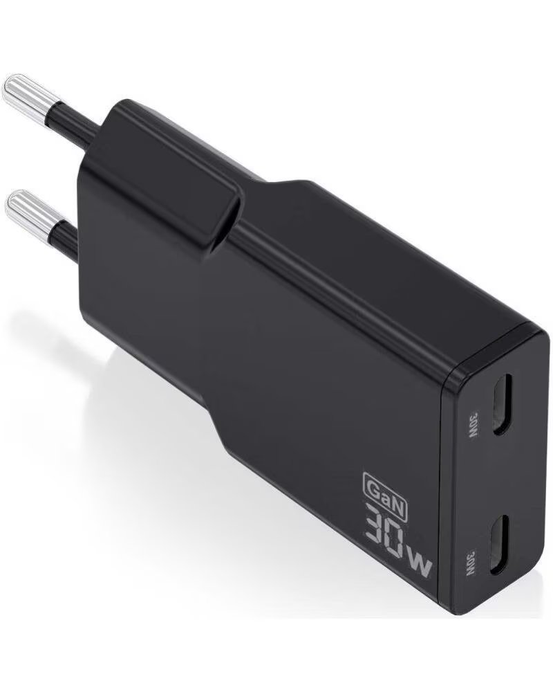 AISENS Cargador de Pared GaN ASCH-30W2P049-BK- 2xUSB Tipo-C- 30W- Negro