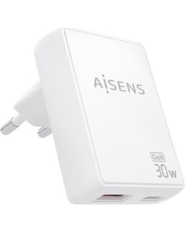 AISENS Cargador de Pared GaN ASCH-30W2P074-W- 1xUSB Tipo-C- 1xUSB- 30W- Blanco