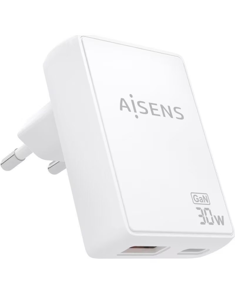 AISENS Cargador de Pared GaN ASCH-30W2P074-W- 1xUSB Tipo-C- 1xUSB- 30W- Blanco