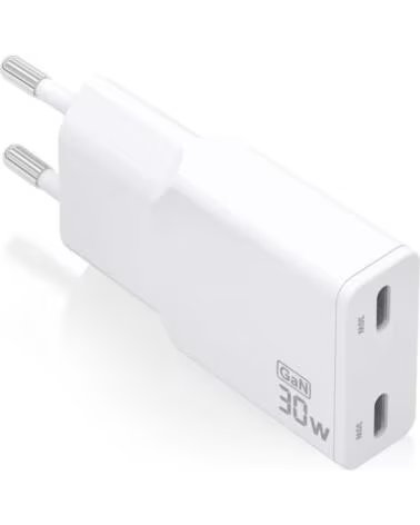 AISENS Cargador de Pared GaN ASCH-30W2P048-W- 2xUSB Tipo-C- 30W- Blanco