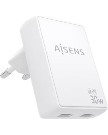 AISENS Cargador de Pared GaN ASCH-30W2P075-W- 2xUSB Tipo-C- 30W- Blanco