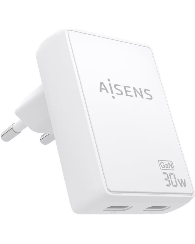 AISENS Cargador de Pared GaN ASCH-30W2P075-W- 2xUSB Tipo-C- 30W- Blanco
