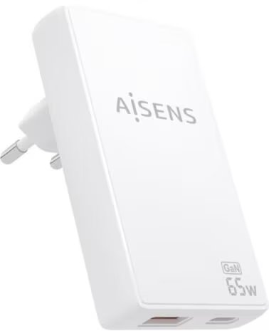 AISENS Cargador de Pared GaN ASCH-65W2P076-W- 1xUSB Tipo-C- 1xUSB- 65W- Blanco