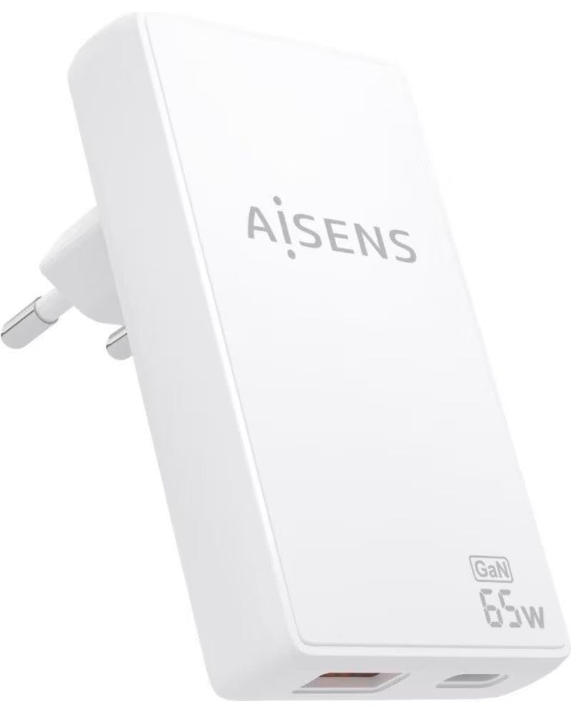 AISENS Cargador de Pared GaN ASCH-65W2P076-W- 1xUSB Tipo-C- 1xUSB- 65W- Blanco
