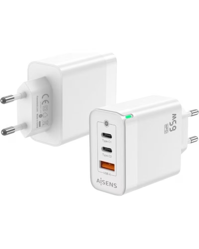 AISENS Cargador de Pared GaN ASCH-65W3P007-W- 2xUSB Tipo-C- 1x USB- 65W