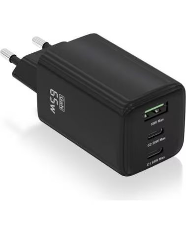AISENS Cargador de Pared GaN ASCH-65W3P042-BK- 2xUSB Tipo-C- 1xUSB- 65W