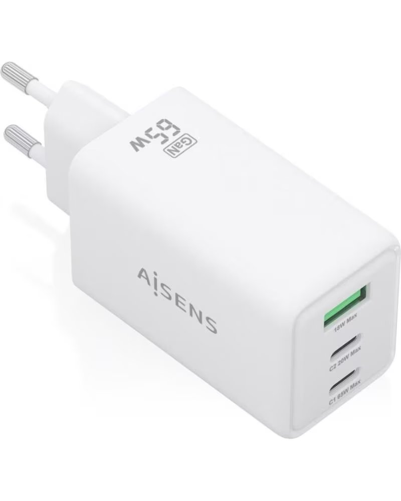 AISENS Cargador de Pared GaN ASCH-65W3P072-W- 2xUSB Tipo-C- 1xUSB- 65W- Blanco