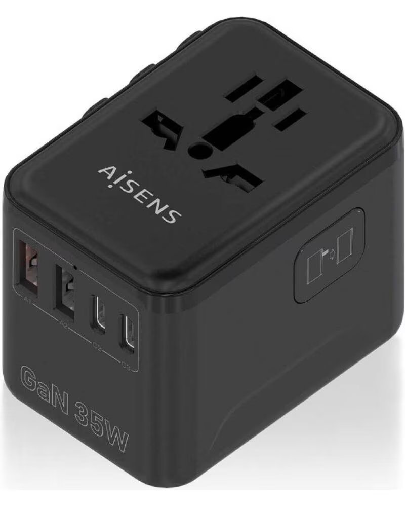 AISENS Cargador de Pared Universal GaN para Viaje ASPS-2A3C09-BK- Toma de Corriente Universal- 3xUSB Tipo-C- 2xUSB- 35W