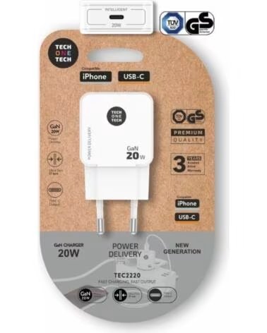 TECH ONE TECH Cargador de Pared GaN GaN TEC2220- 1xUSB Tipo-C- 20W- Blanco