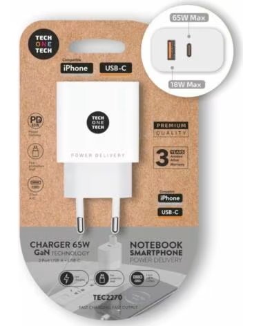 TECH ONE TECH Cargador de Pared GaN GaN TEC2270- 1xUSB Tipo-C- 1xUSB- 65W- Blanco