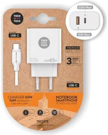 TECH ONE TECH Cargador de Pared GaN PD TEC2273 - 1xUSB Tipo-C- 1xUSB- 65W