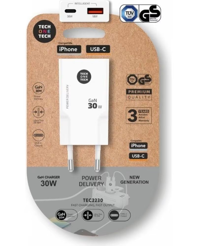 TECH ONE TECH Cargador de Pared GaN GaN TEC2230- 1xUSB Tipo-C- 1xUSB- 30W- Blanco
