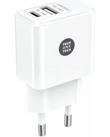 TECH ONE TECH Cargador de Pared TEC2904- 1xUSB Tipo-C- 1xUSB- 12W- Blanco