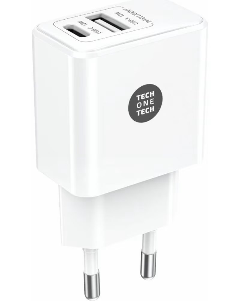 TECH ONE TECH Cargador de Pared TEC2904- 1xUSB Tipo-C- 1xUSB- 12W- Blanco