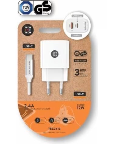 TECH ONE TECH Cargador de Pared TEC2413- 1xUSB Tipo-C- 1xUSB Cable USB Tipo-C- 12W- Blanco