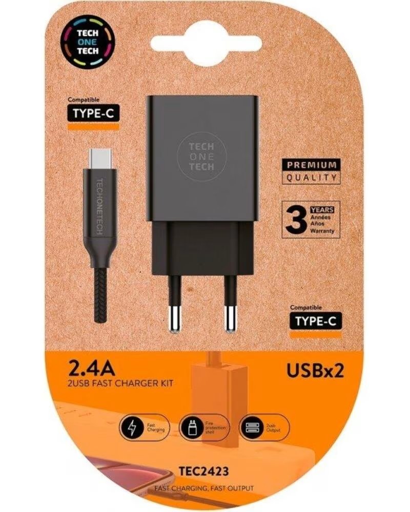 TECH ONE TECH Cargador de Pared TEC2423- 2xUSB Cable USB Tipo-C- 12W- Negro