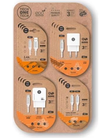 TECH ONE TECH Expositor de Cargadores GaN y Cables EKO 400801- 4 ganchos- Incluye 16 Productos