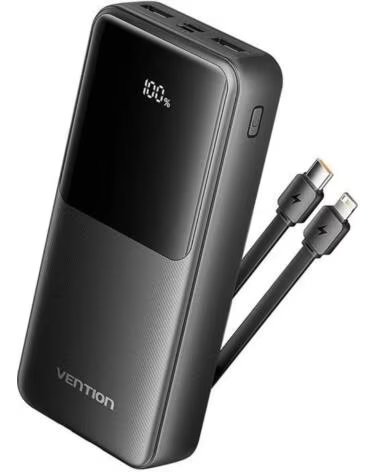 VENTION Powerbank 20000mAh FHPB0- 22 5W- Negra- Incluye Cable USB Tipo-C y Lightning