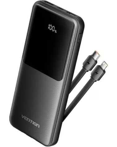 VENTION Powerbank 10000mAh FHOB0- 22 5W- Negra- Incluye Cable USB Tipo-C y Lightning