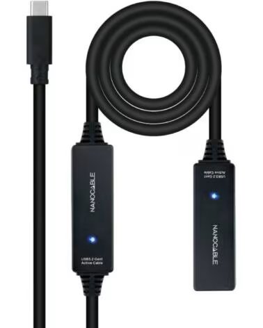 NANO CABLE Cable Alargador USB Tipo-C 3 2 con Amplificador Nanocable 10 01 1312- USB Tipo-C Macho - USB Tipo-C Hembra- 10m- Negr