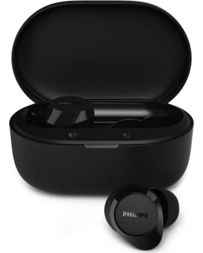 PHILIPS Auriculares Bluetooth TAT1300BK con estuche de carga- Autonomia 6h- Negros