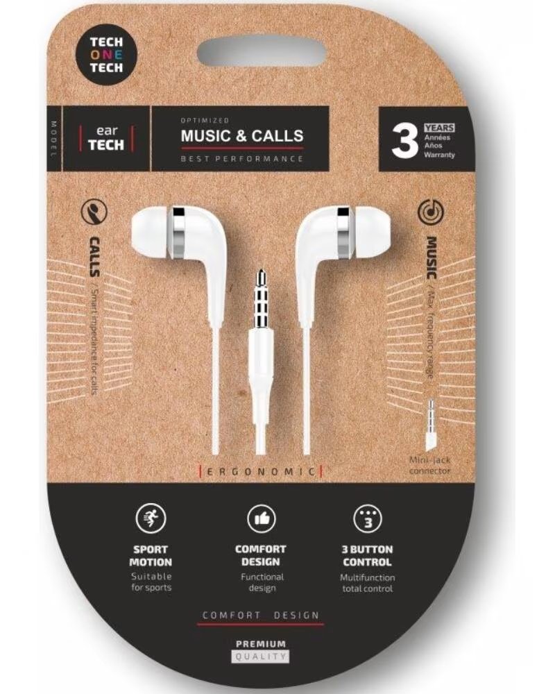 TECH ONE TECH Auriculares Intrauditivos soft earTECH TEC1004- con Microfono- Jack 3 5- Blancos