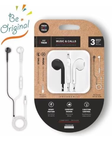 TECH ONE TECH Auriculares Intrauditivos earTECH BW Be Original TEC1011- con Microfono- Mini Jack 3 5- Blanco y Negro