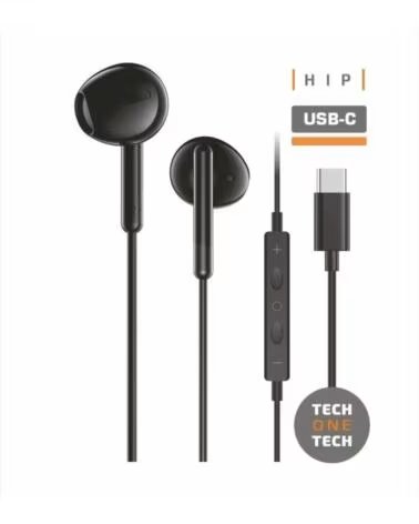 TECH ONE TECH Auriculares Intrauditivos earTECH TEC1302- con Microfono- USB Tipo-C- Negros
