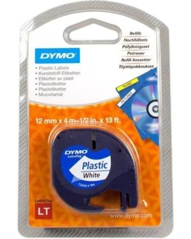 DYMO Cinta Rotuladora Adhesiva de Plastico 91221- para Letratag- 12mm x 4m- Negra-Blanca