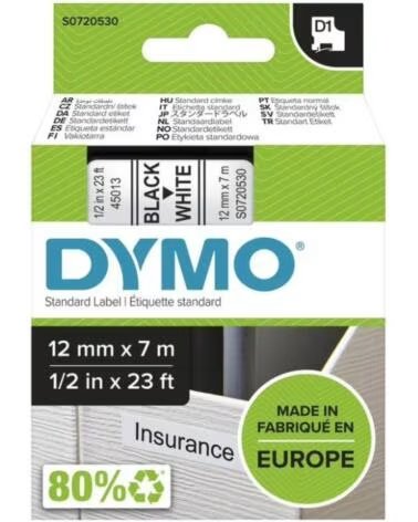 DYMO Cinta Rotuladora Adhesiva de Plastico D1 45013- para Label Manager- 12mm x 7m- Negra-Blanca
