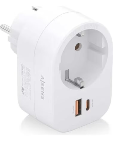 AISENS Enchufe ASPS-1A1C06-W- 1 Toma de Corriente- 1 USB Tipo-C PD- 1 USB- Blanco