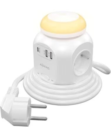 AISENS Regleta con Interruptor y Luz Nocturna ASPS-2A1CLPQ02-W- 4 Tomas de Corriente- 1 USB Tipo-C PD- 2 USB- Cable 1 8m- Blanco