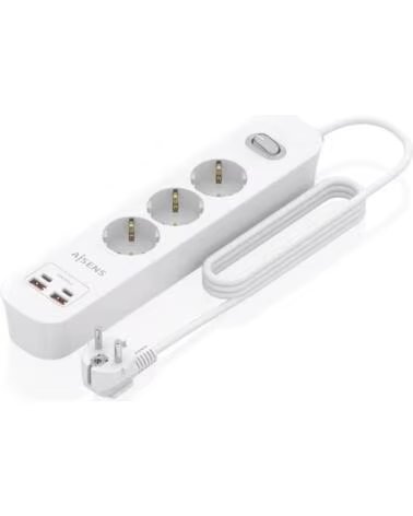 AISENS Regleta con Interruptor ASPS-2A2C10-W- 3 Tomas de Corriente- 2 USB - 2 USB Tipo-C- Cable 1 4m- Blanco