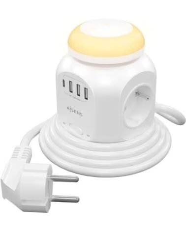 AISENS Regleta con Interruptor y Luz Nocturna ASPS-3A1CL01-W- 4 Tomas de Corriente- 1 USB Tipo-C- 3 USB- Cable 1 8m- Blanco