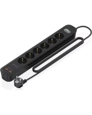 AISENS Regleta con Interruptor ASPS-2A2C17-BK- 6 Tomas de Corriente- 2 USB - 2 USB Tipo-C- Cable 1 4m- Negro